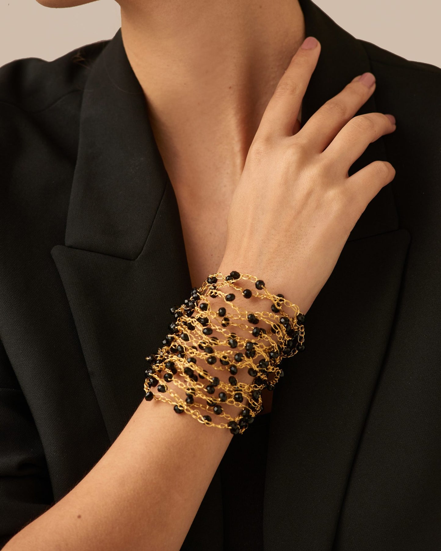 Bracelete de Crochê Tiras Finas Cristal Preto