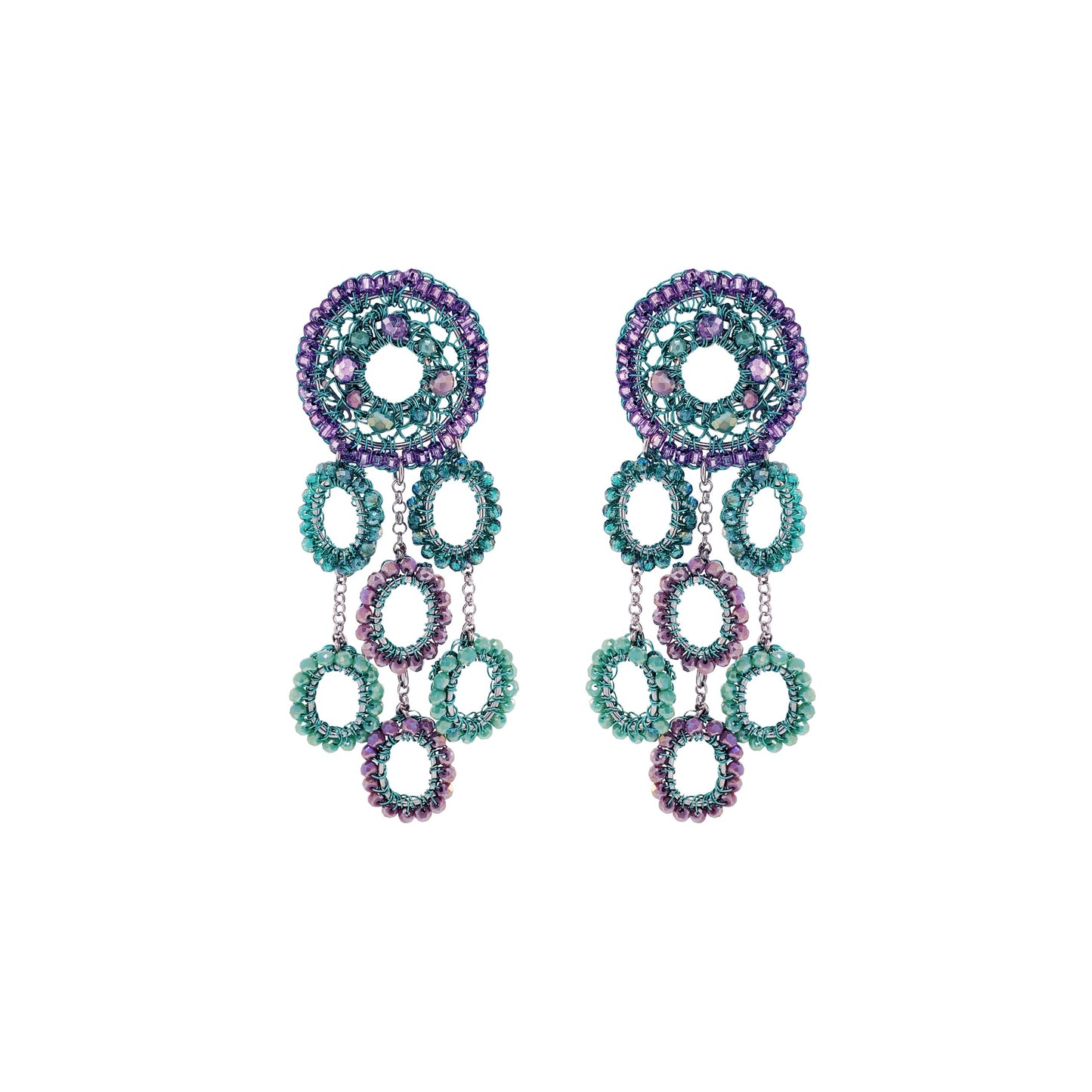 Brinco de Crochê Moira Chandelier Aurora Lilás e Verde