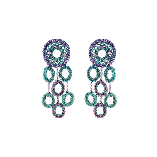 Brinco de Crochê Moira Chandelier Aurora Lilás e Verde