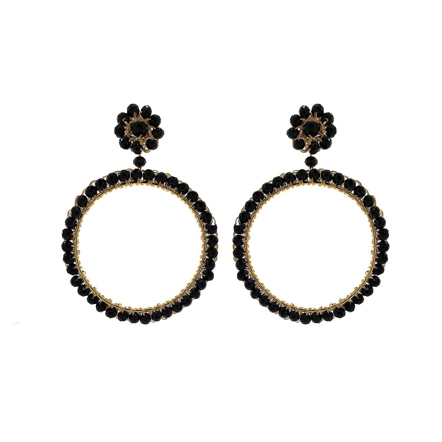 Brinco de Crochê Argola de Cristal Médio Preto