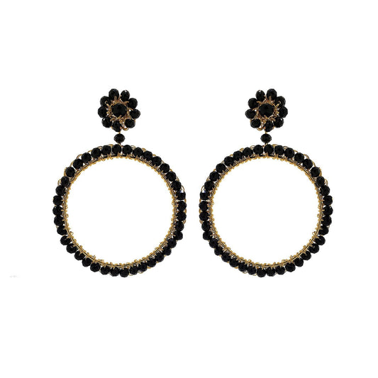 Brinco de Crochê Argola de Cristal Médio Preto