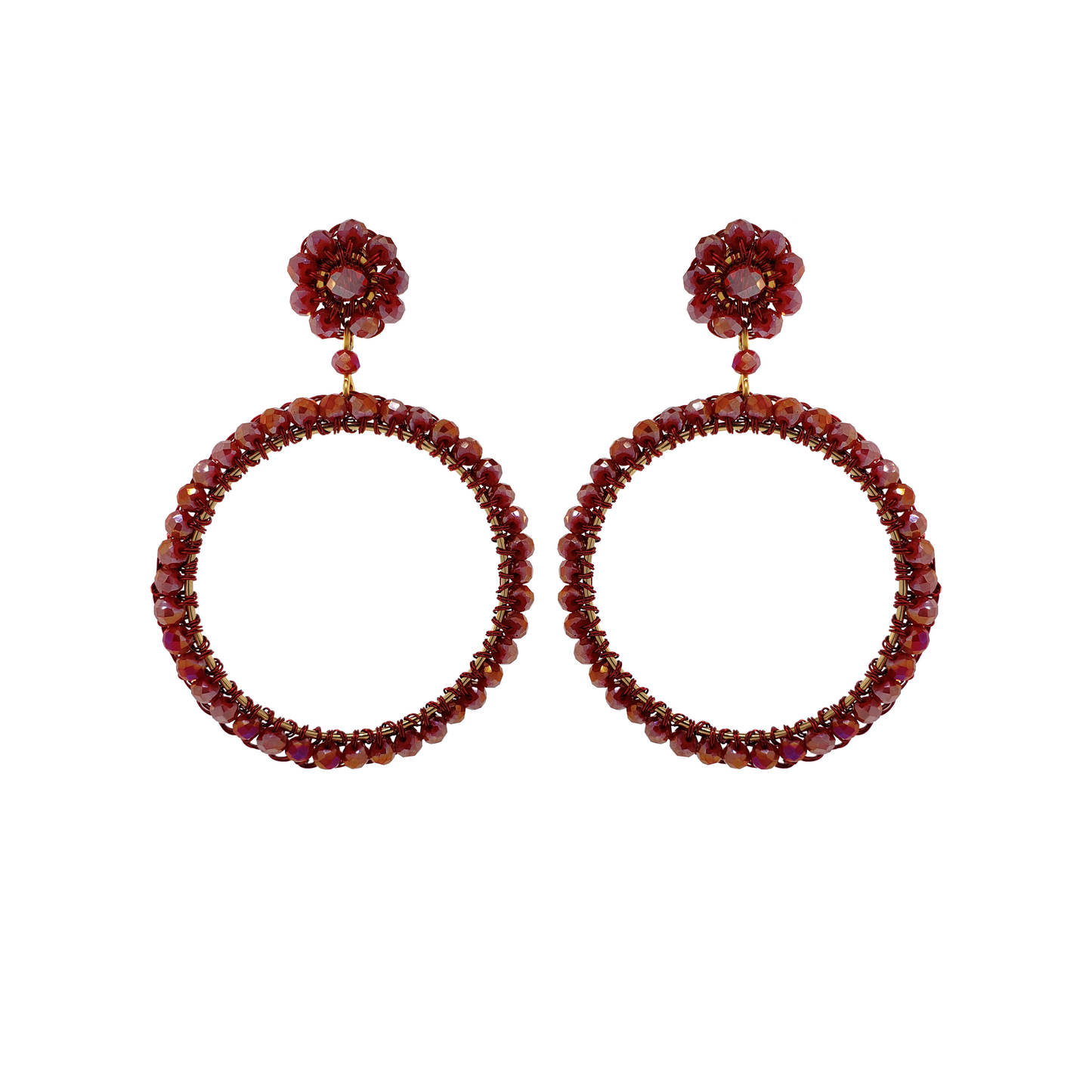 Brinco de Crochê Argola de Cristal Médio Vermelho