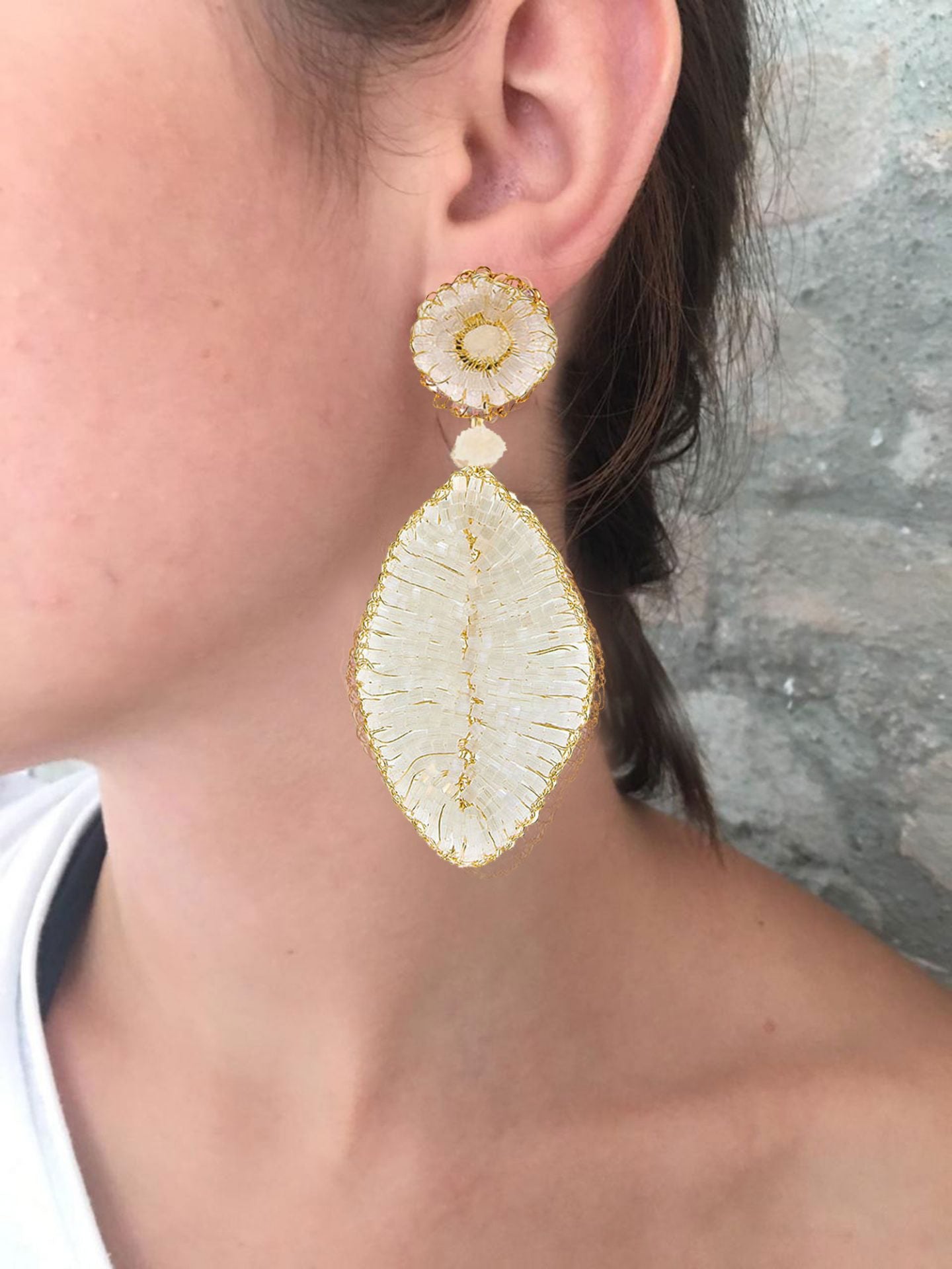 Brinco de Crochê Folha Branco