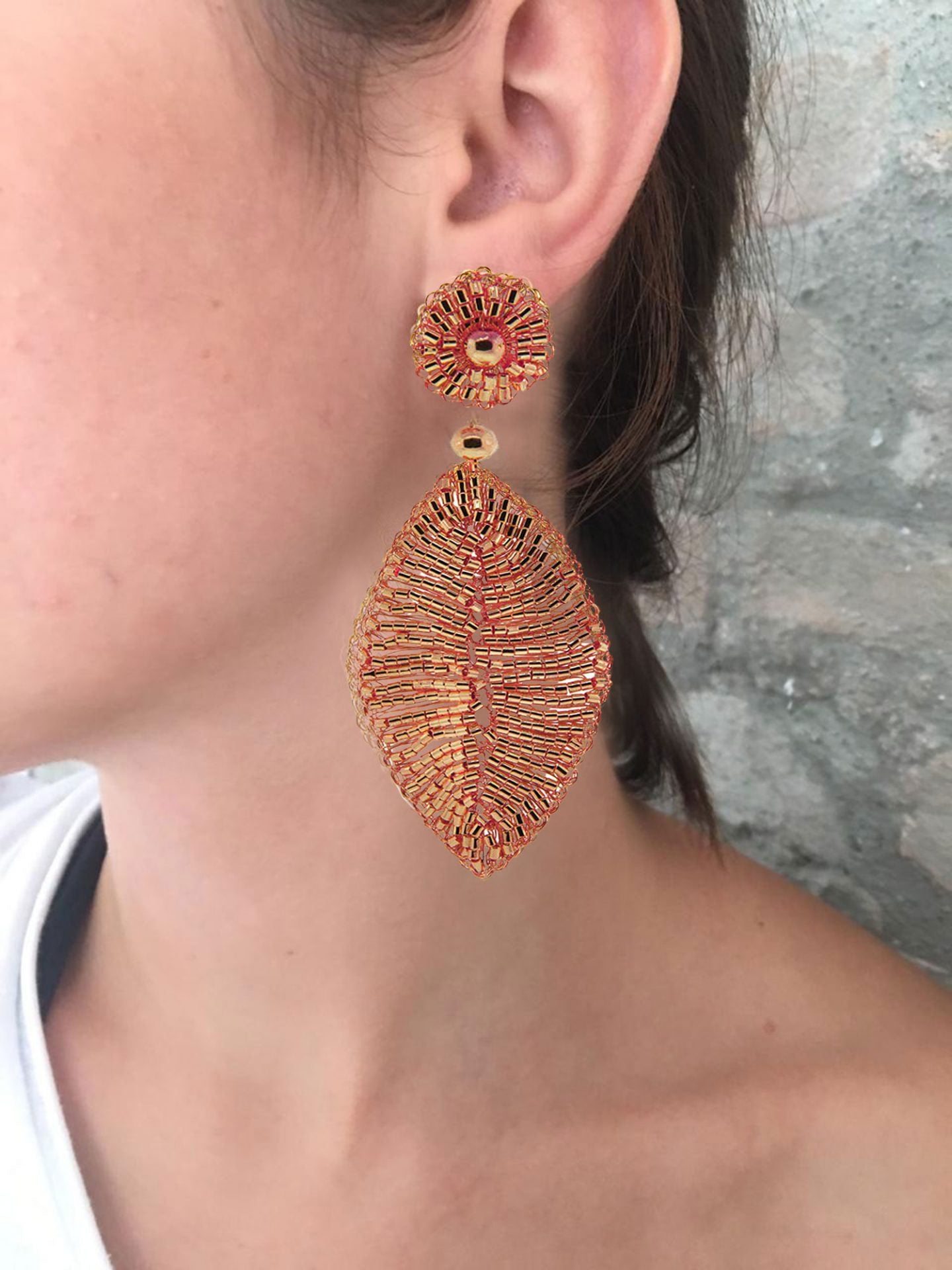 Brinco de Crochê Folha Rosé