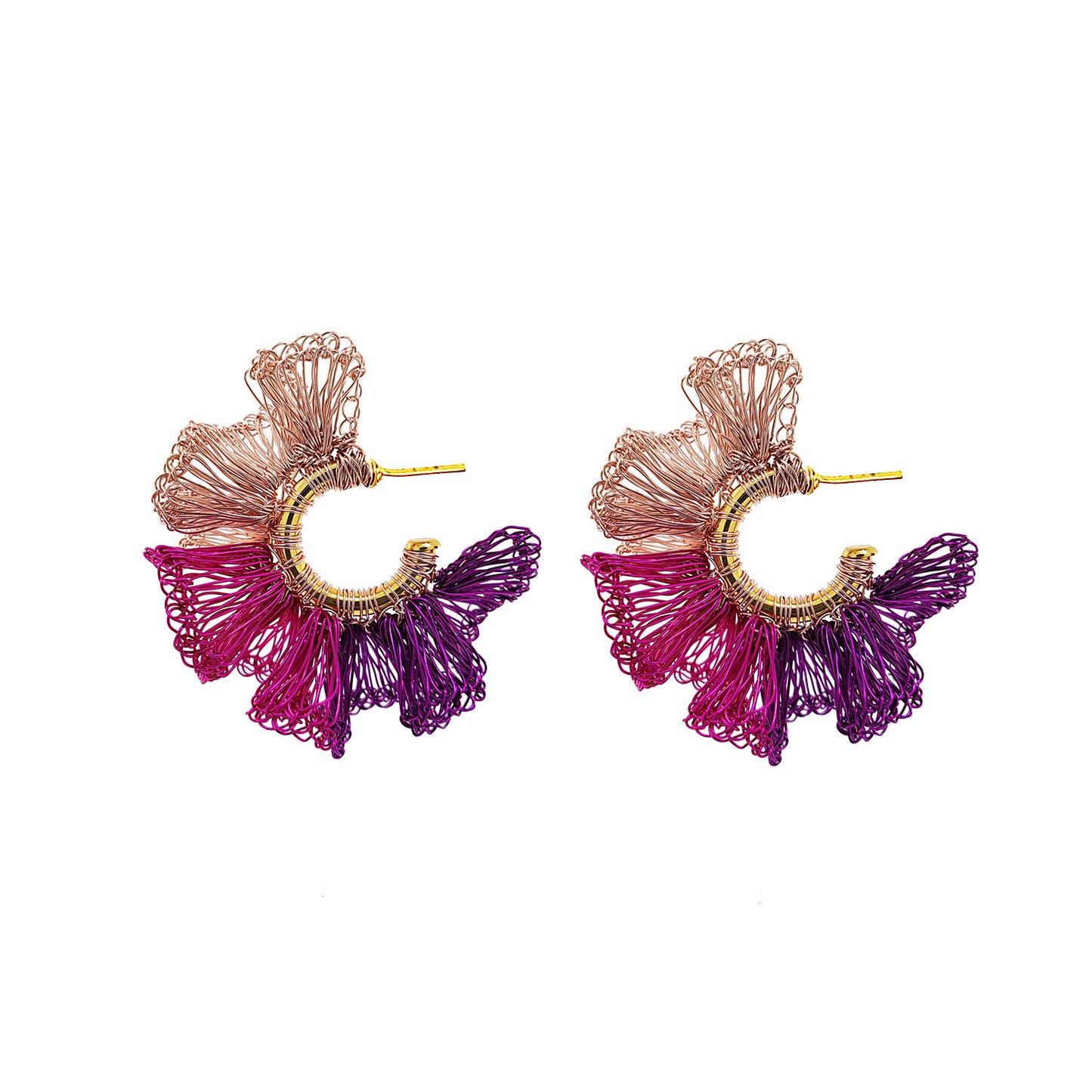 Brinco de Crochê Argola Jabot Pequena Rosa Mix