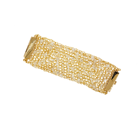 Bracelete de Crochê Cristais Pontos de Luz Dourada