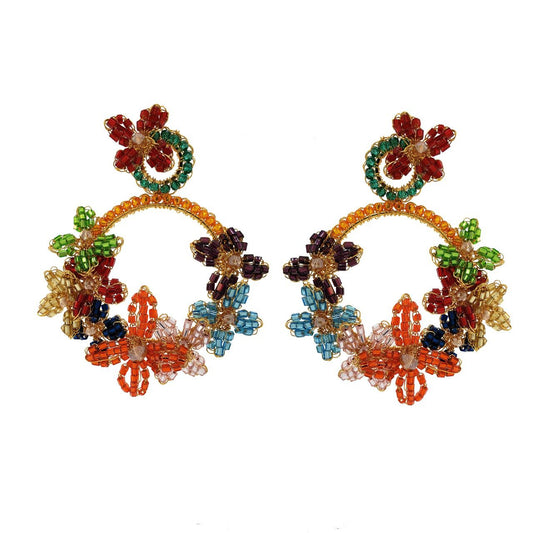 Brinco de Crochê Flor Argola Grande Multicolor