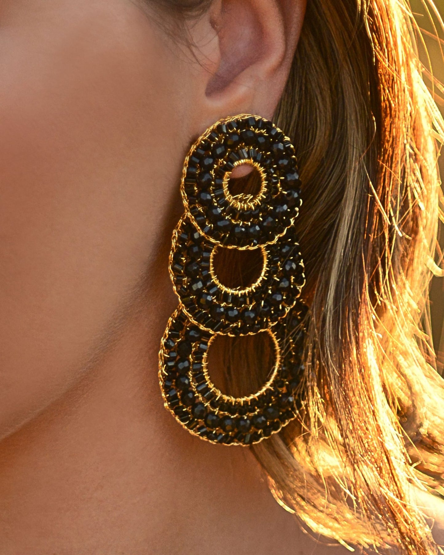 Brinco de Crochê Trio Argolas Preto