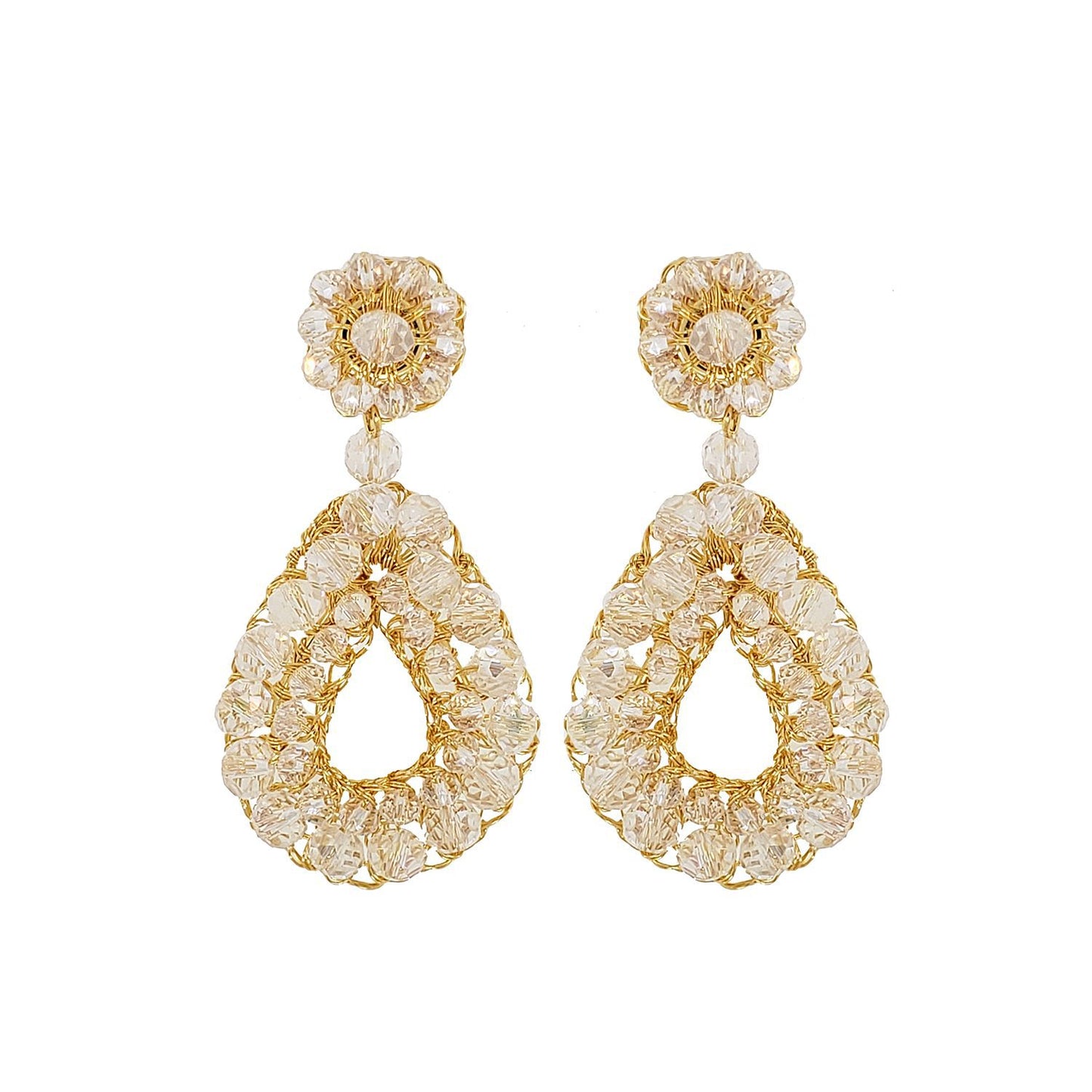 Brinco de Crochê Cristais Dourado Transparente Gold