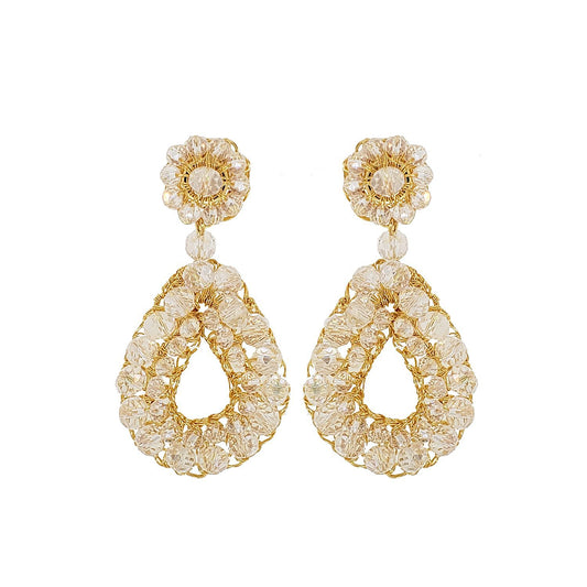 Brinco de Crochê Cristais Dourado Transparente Gold
