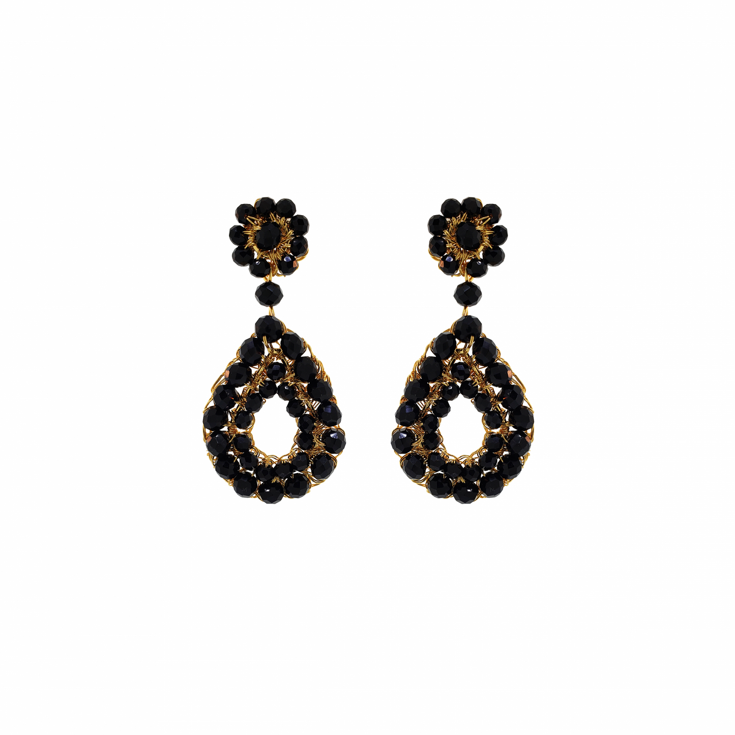 Brinco de Crochê  Gota Vazada de Cristal Preto Gold