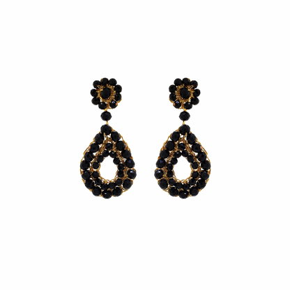 Brinco de Crochê  Gota Vazada de Cristal Preto Gold