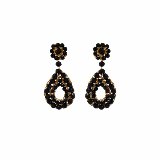 Brinco de Crochê  Gota Vazada de Cristal Preto Gold