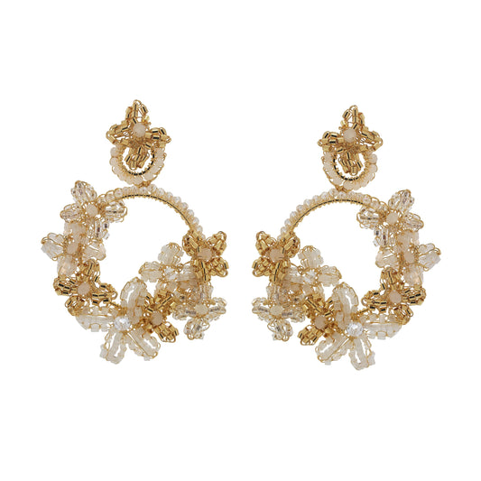 Brinco de Crochê Flor Argola Grande Off White