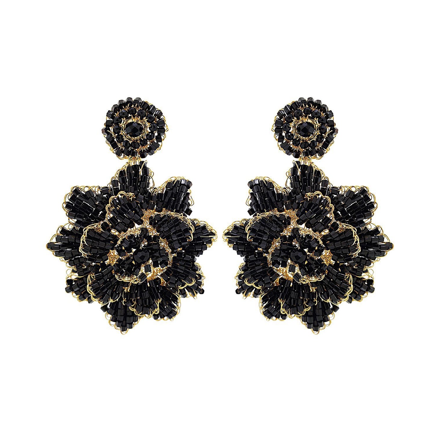 Brinco de Crochê Flor Cristal Negro