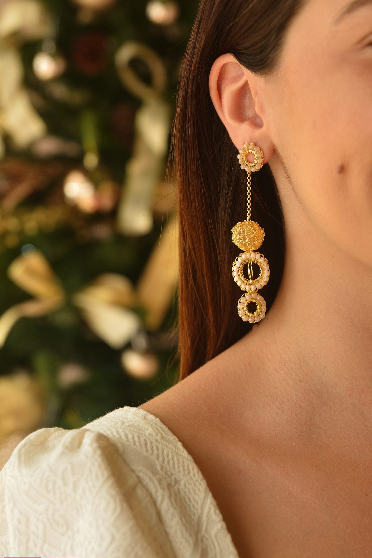 Brinco de Crochê Tri Balls Dourado