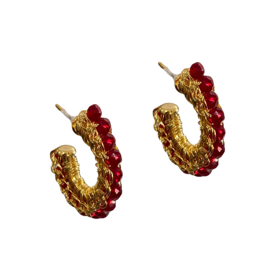 Brinco de Crochê Argola Pequena Vermelho Cristal
