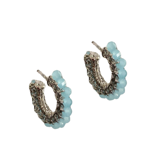 Brinco de Crochê Argola Pequena Cristal Azul