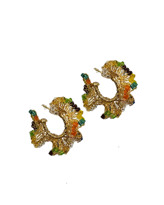 Brinco de Crochê Argola Jabot Pequeno Colorido