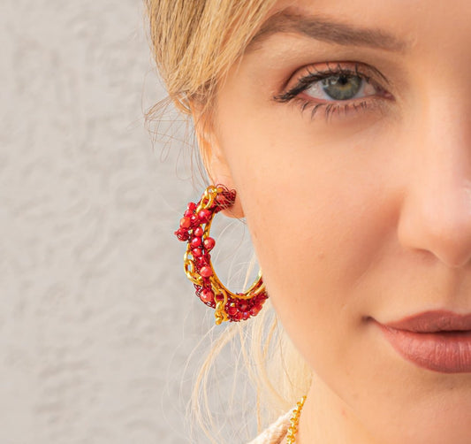 Brinco de Crochê Argola Correntes do Amor Entrelaçados Vermelho
