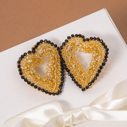 Brinco de Crochê Coração Correntes do Amor Entrelaçados Preto