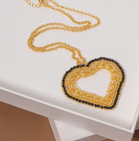 Colar de Crochê Coração Correntes do Amor Entrelaçados Preto