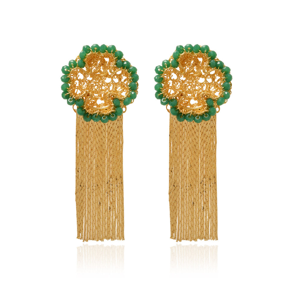 Brinco de Crochê Lucky Clover Fringe Dourado