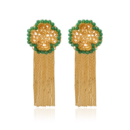 Brinco de Crochê Lucky Clover Fringe Dourado