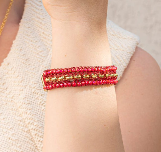 Pulseira de Crochê Correntes do Amor Entrelaçados Vermelho