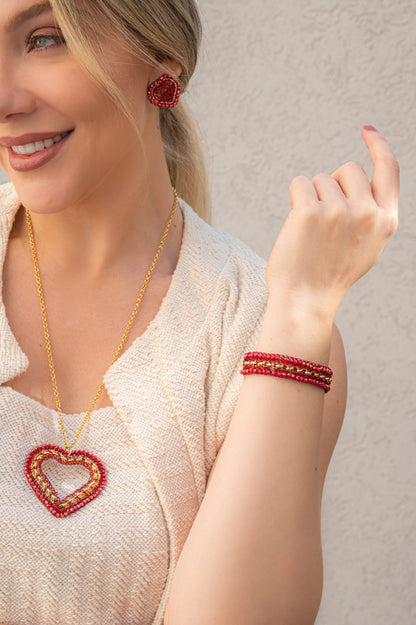 Pulseira de Crochê Correntes do Amor Entrelaçados Vermelho