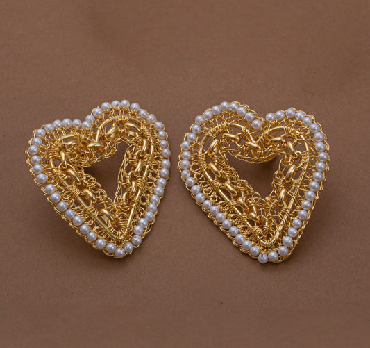 Brinco de Crochê Coração Correntes do Amor Entrelaçados Pérola