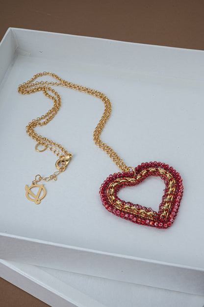 Colar de Crochê Coração Correntes do Amor Entrelaçados Vermelho