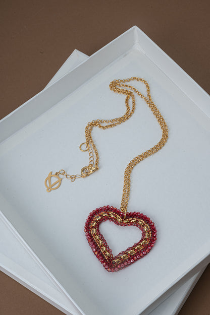 Colar de Crochê Coração Correntes do Amor Entrelaçados Vermelho
