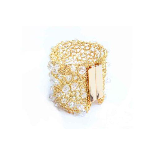 Bracelete de Crochê Cristais Pontos de Luz Dourada