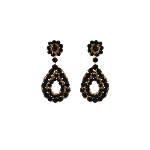 Brinco de Crochê  Gota Vazada de Cristal Preto Gold