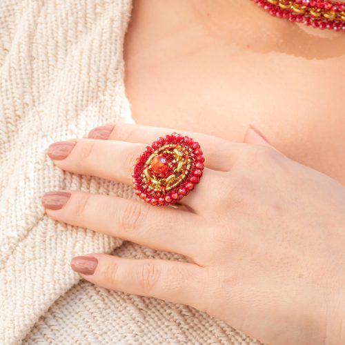 Anel de Crochê Correntes do Amor Entrelaçados Vermelho